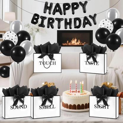 Epoesch 5 Senses Gift Bags for Him with Labels, Tissue Paper & Bow Ribbon | Happy Birthday Decorations Kit with Banner,Balloons, Rose Petals, Envelope, Card for Men, Women and Her (White with black trim)