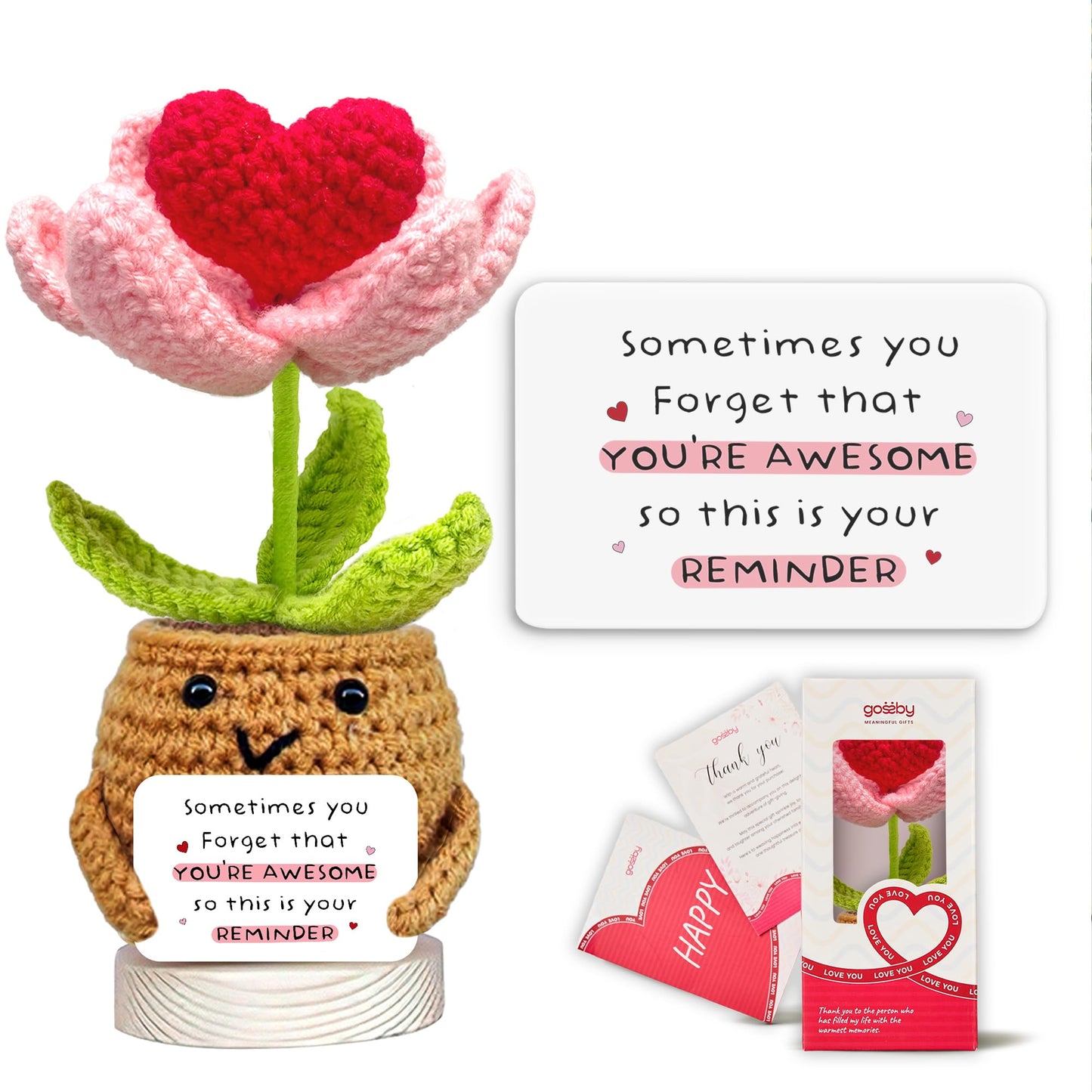 Gossby Handmade Positive Heart Flower Crochet with 'Sometimes You Forget You're Awesome Reminder' Card - Encouragement Gifts for Friend - Cute Inspirational Birthday Gift for BFF Sister Coworker Women