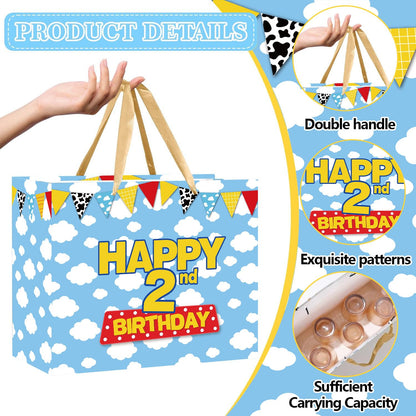 Cartoon Story 2nd Birthday Gift Bag with Tissue Paper and Greeting Card, Two Years Old Party Favor Bags Blue Sky White Clouds Cow Story 2nd Birthday Wrapping Paper Goodie Treat Bag for Kid Party Decor