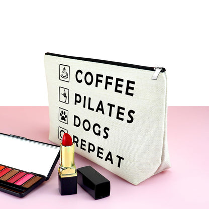 Mxrymvu Coffee Lover Gifts Makeup Bag Pilates Lover Gift Travel Bag Pilates Gifts for Women Birthday Zipper Pouch Funny Dog Lover Gifts New Pet Owner Gifts Coffee Pilates Dogs Repeat Cosmetic Bag