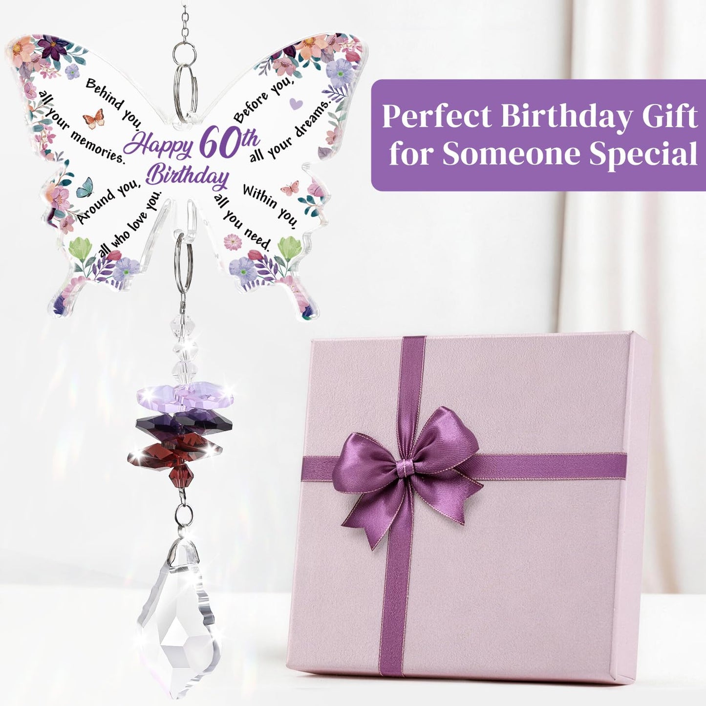 Funnli 60th Birthday Gifts for Women Crystal Suncatcher, 60th Birthday Decorations for Woman, 60 Year Old Bday Gift for Friends Sister Mom Grandma Window Hangings Home Decoration