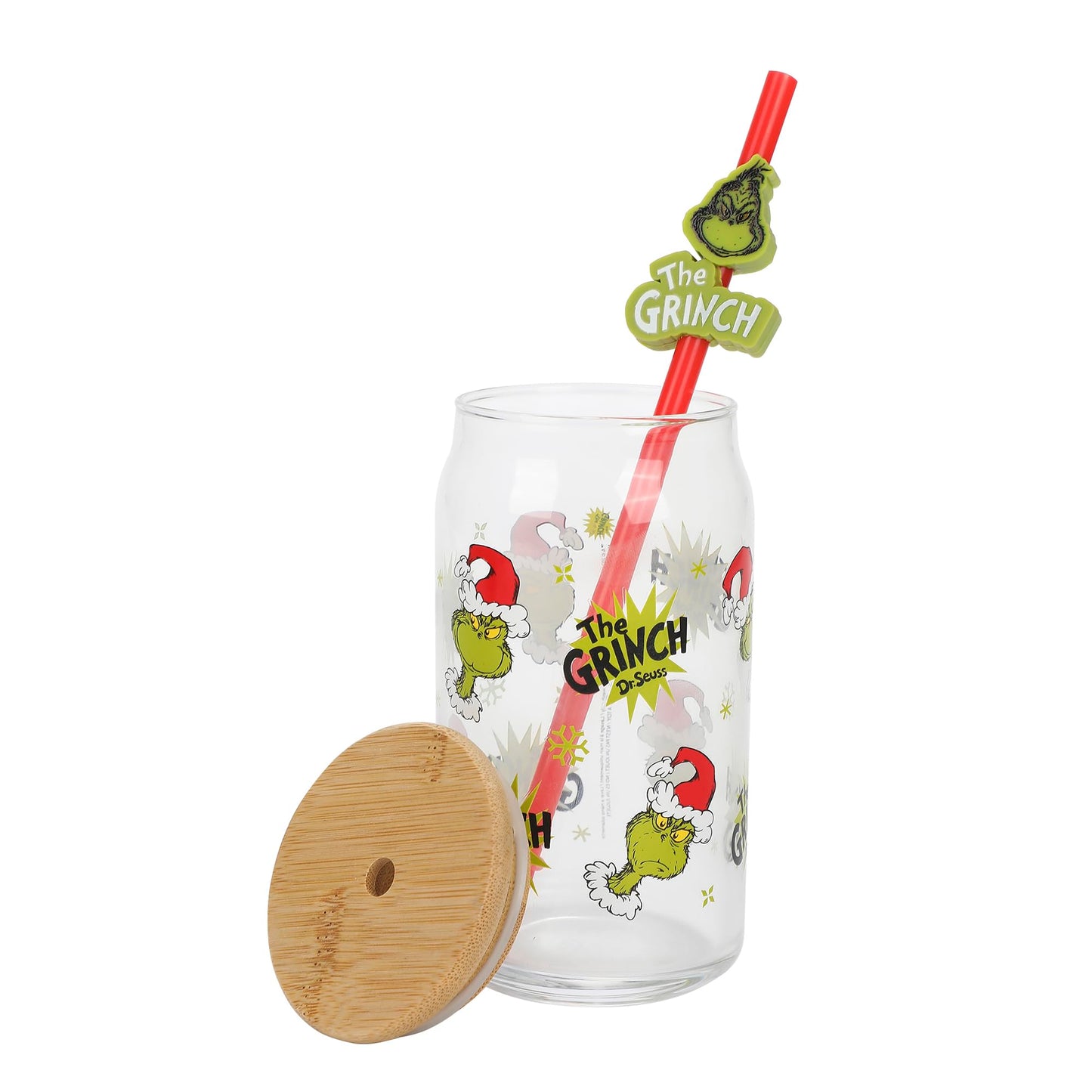 Bioworld The Grinch AOP 15 Oz. Glass Cup with Straw and Lid