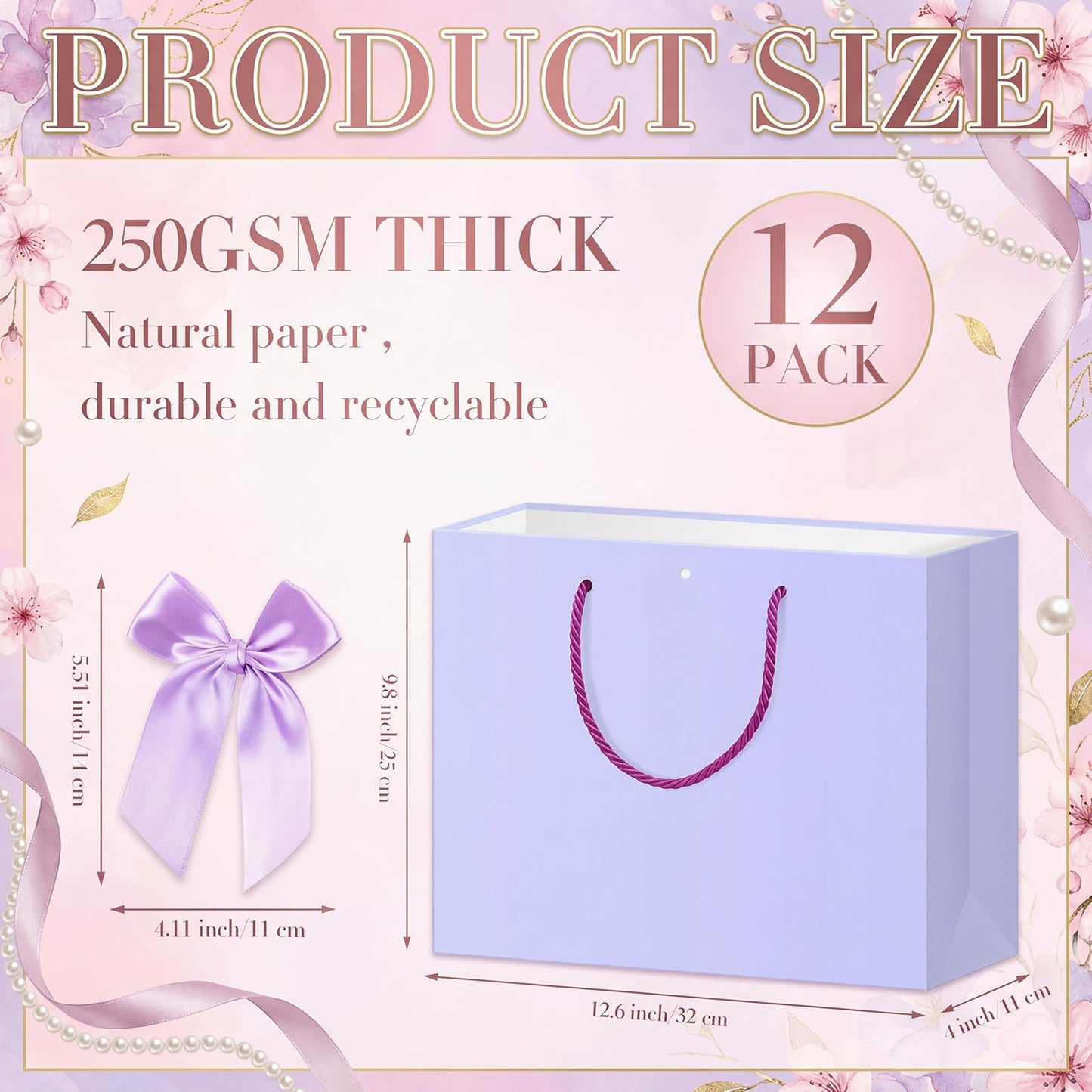 Sabary 12 Pcs Pastel Birthday Gift Bags with Handles and 24 Pre-tied Decorative Ribbon Rows, 12.6" x 9.8" x 4.3" Large Thank You Gift Bags for Easter Baby Shower Wedding Gifts Wrapping Party Supplies