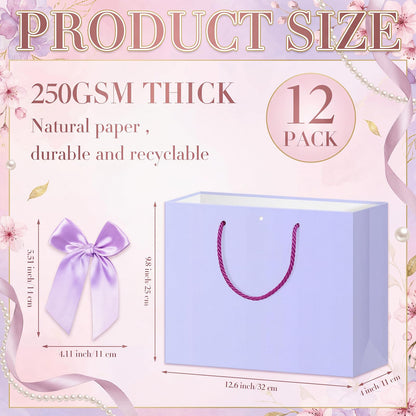 Sabary 12 Pcs Pastel Birthday Gift Bags with Handles and 24 Pre-tied Decorative Ribbon Rows, 12.6" x 9.8" x 4.3" Large Thank You Gift Bags for Easter Baby Shower Wedding Gifts Wrapping Party Supplies