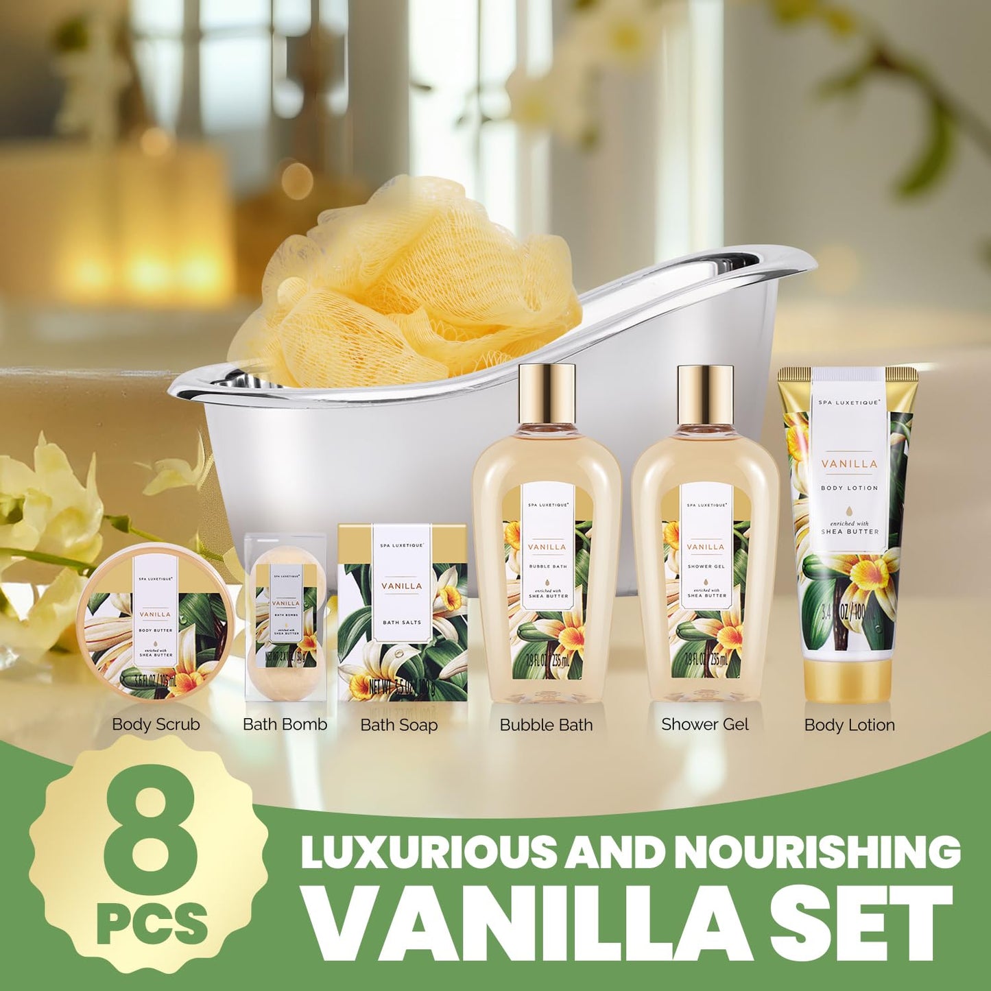 Gift Baskets for Women, Spa Luxetique 8 Pcs Vanilla Mothers Day Gifts for Mom, Birthday Bath and Body Set, Self Care Kit for Her, Including Bubble Bath, Shower Gel, Body Lotion