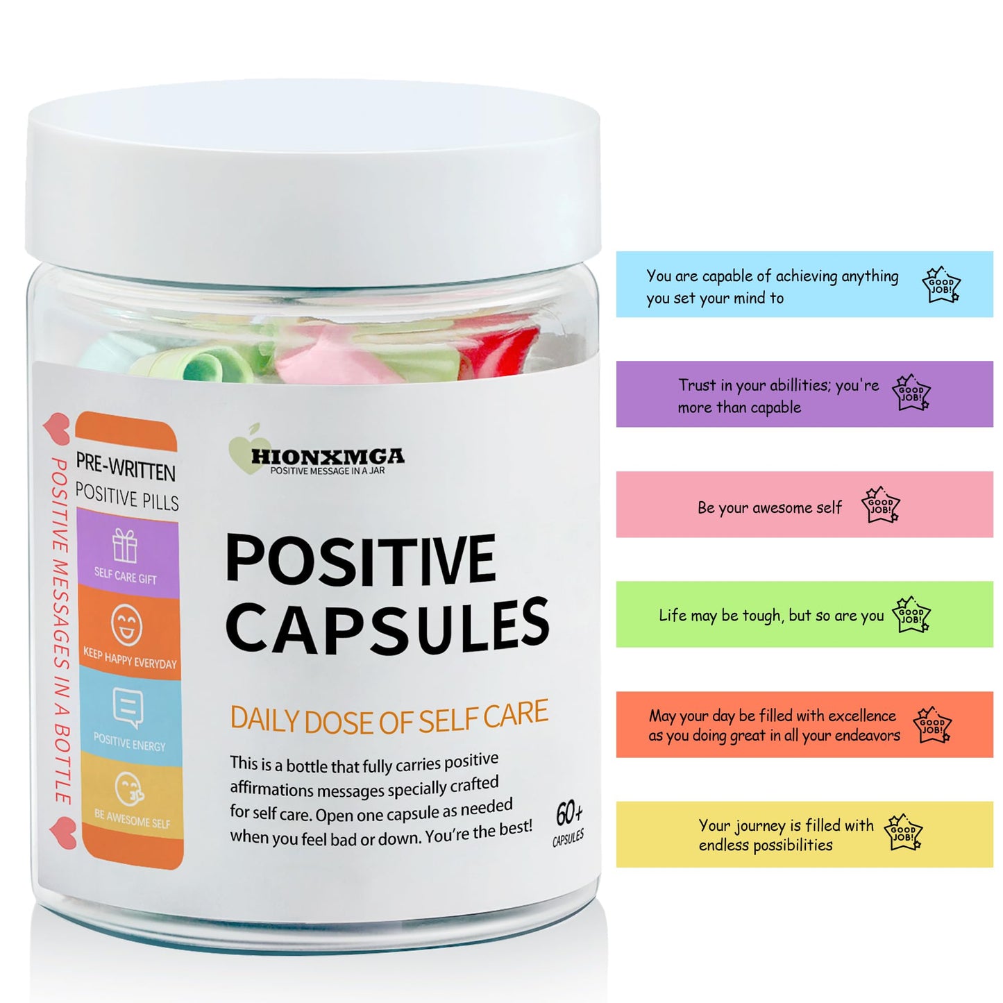 HIONXMGA Positive Messages in a Bottle (60+ Positive Affirmations), Self Care Gifts for Women Men, Daily Positivity Self Care Kit with Pre-Written Inspirational Messages for Relaxation Mindful Calm