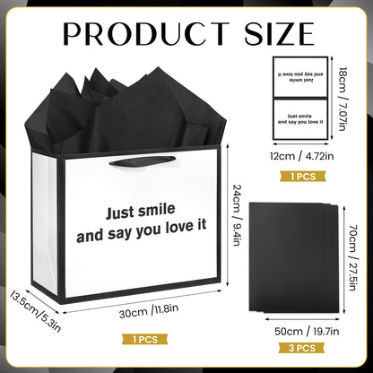 White Funny Gift Bag Just Smile and Say You Love It Gag Gift Bag with Tissue Paper and Greeting Card Inappropriate Snarky Funny Birthday Gift Wrapping Bags for Office Coworker Best Friend Men Women