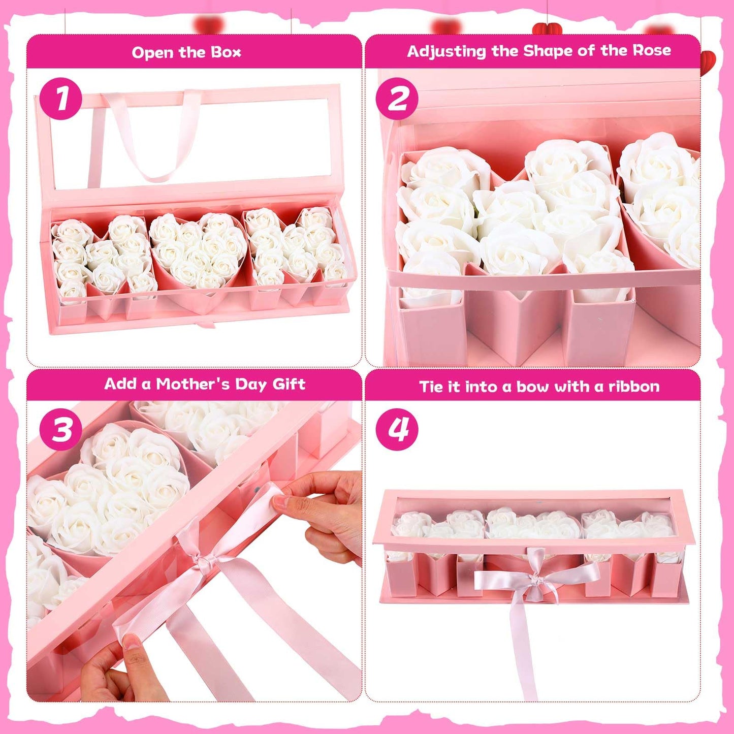 Thiccywoov 1 Pcs Mother's Day Flower Box with 30 Scented Flowers Mom Letter Shaped Fillable Boxes Floral Gift Packaging for Arrangement Mother's Day, Birthday Gift(Pink Box, White Flower)