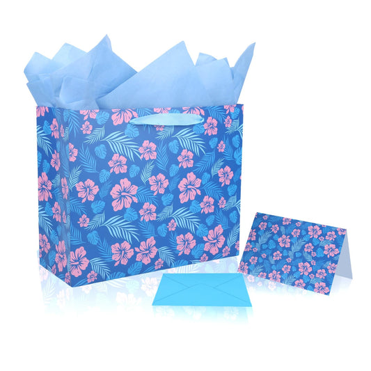 SAVITA Cute Hawaii Gift Bag Set, Blue & Pink Cartoon Party Favors Gift Goodie Bag Set with 3 Tissue Paper Envelopes Greeting Birthday Cards Hawaiian Favor Wrap for Baby Shower Holiday Party Supplies