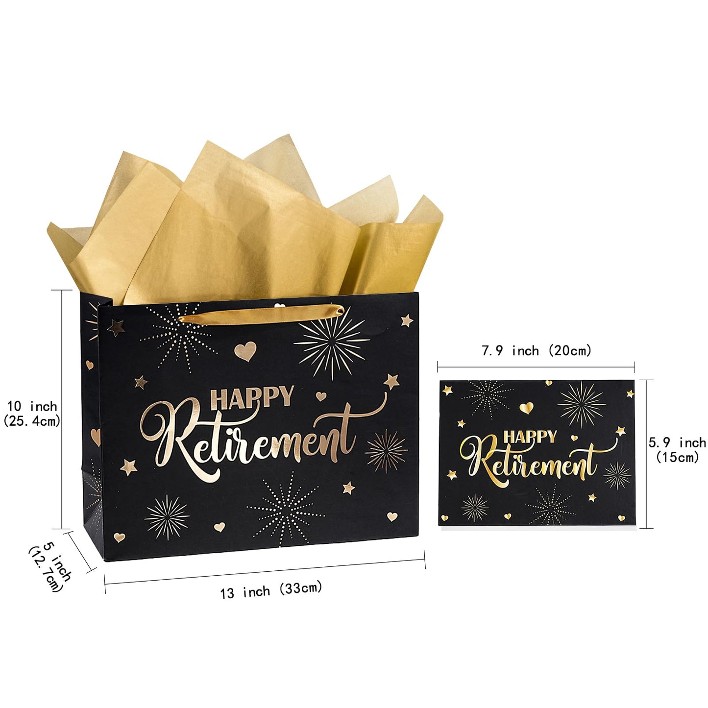 LeZakaa Happy Retirement Gift Bag, Black Goil Foil Hearts Stars Fireworks Design with Tissue Paper and Greeting Card for Men Women, 13" x 10" x 5", 1 Pcs