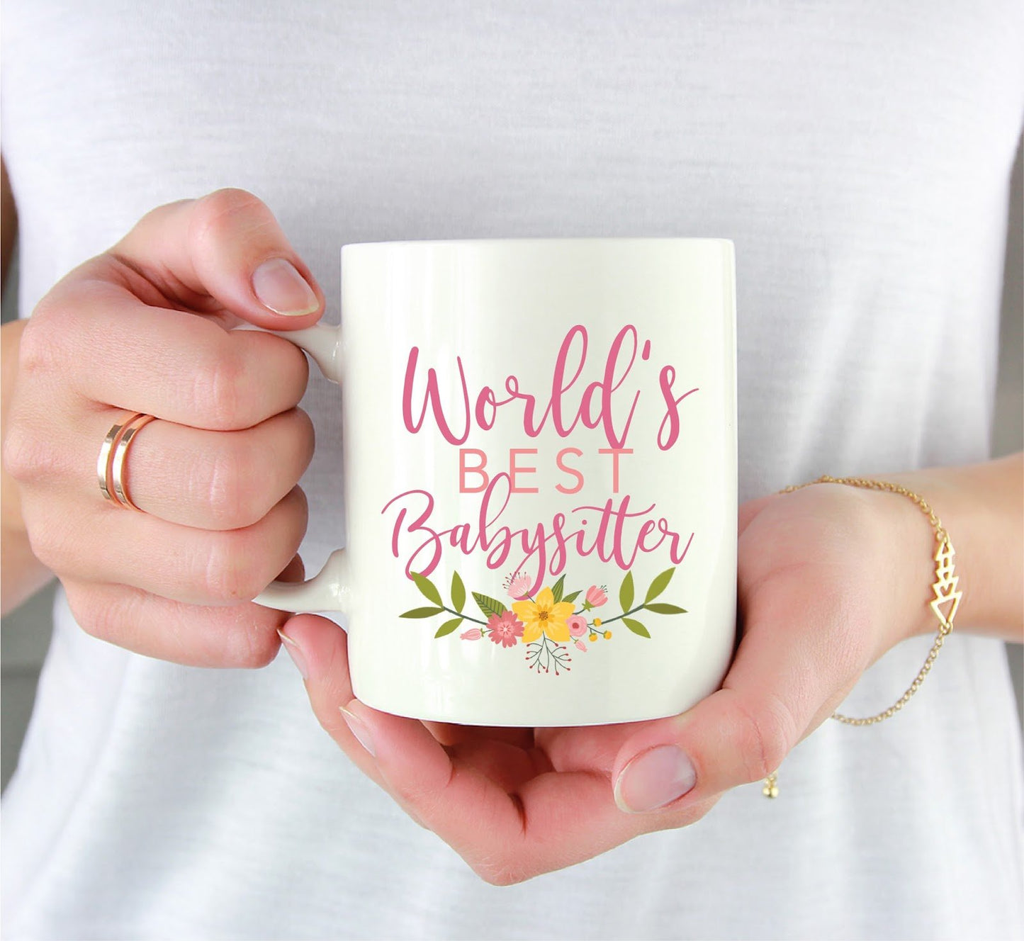 Andaz Press 11oz. Coffee Mug Gag Gift, World's Best Babysitter, Floral Design, 1-Pack, Beautiful Unique Flower Coffee Cup Birthday Christmas