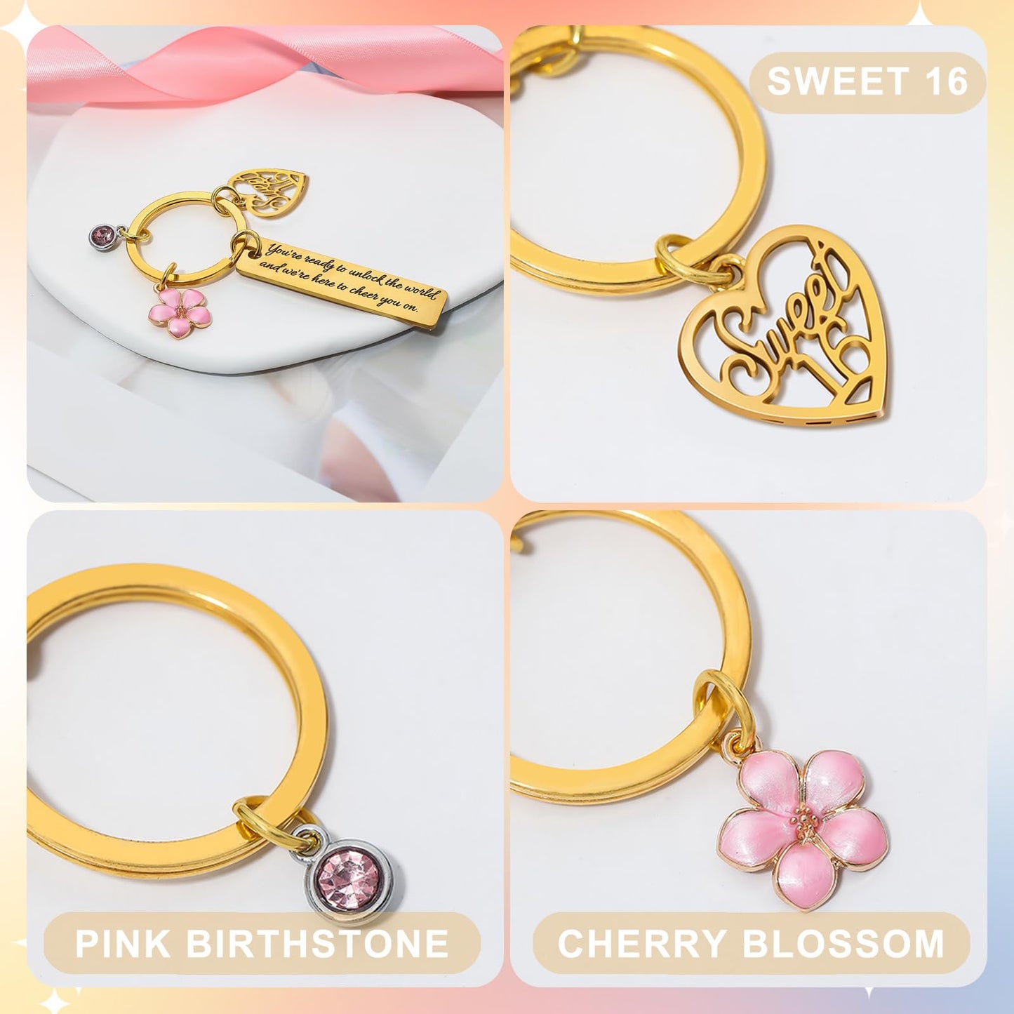 Sweet Sixteen Gifts for Girls - 16th Birthday - 16 Year Old Teen Girl Valentine's Day Gifts from Mom Dad Grandpa Grandma Aunt, Double-Sided Engraved Stainless Steel Gold Keychain