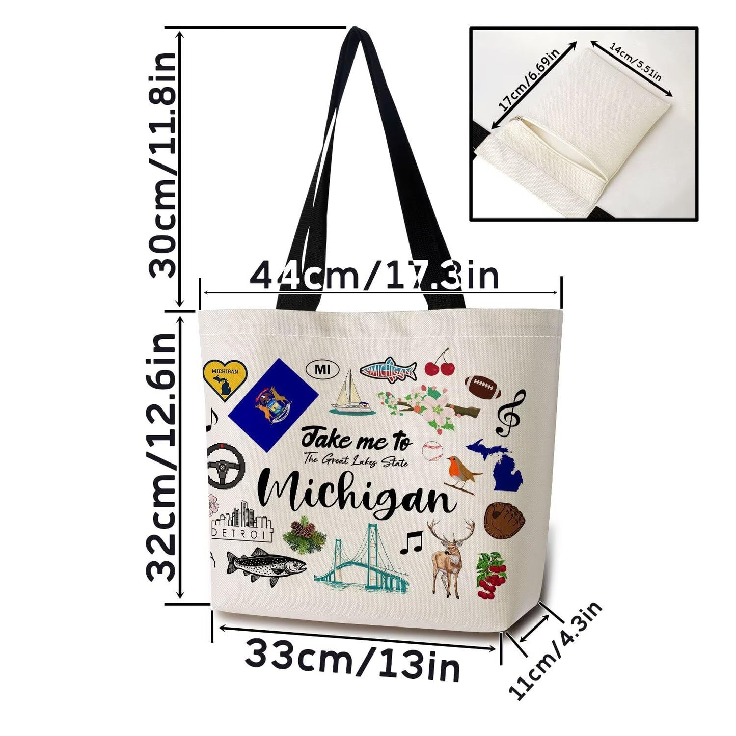 Take Me To Michigan Tote Bag Reusable Grocery Bags Aesthetic Shopping Shoulder Handbag with Interior Pocket Lightweight & Washable Stylish Michigan Travel Present for Women