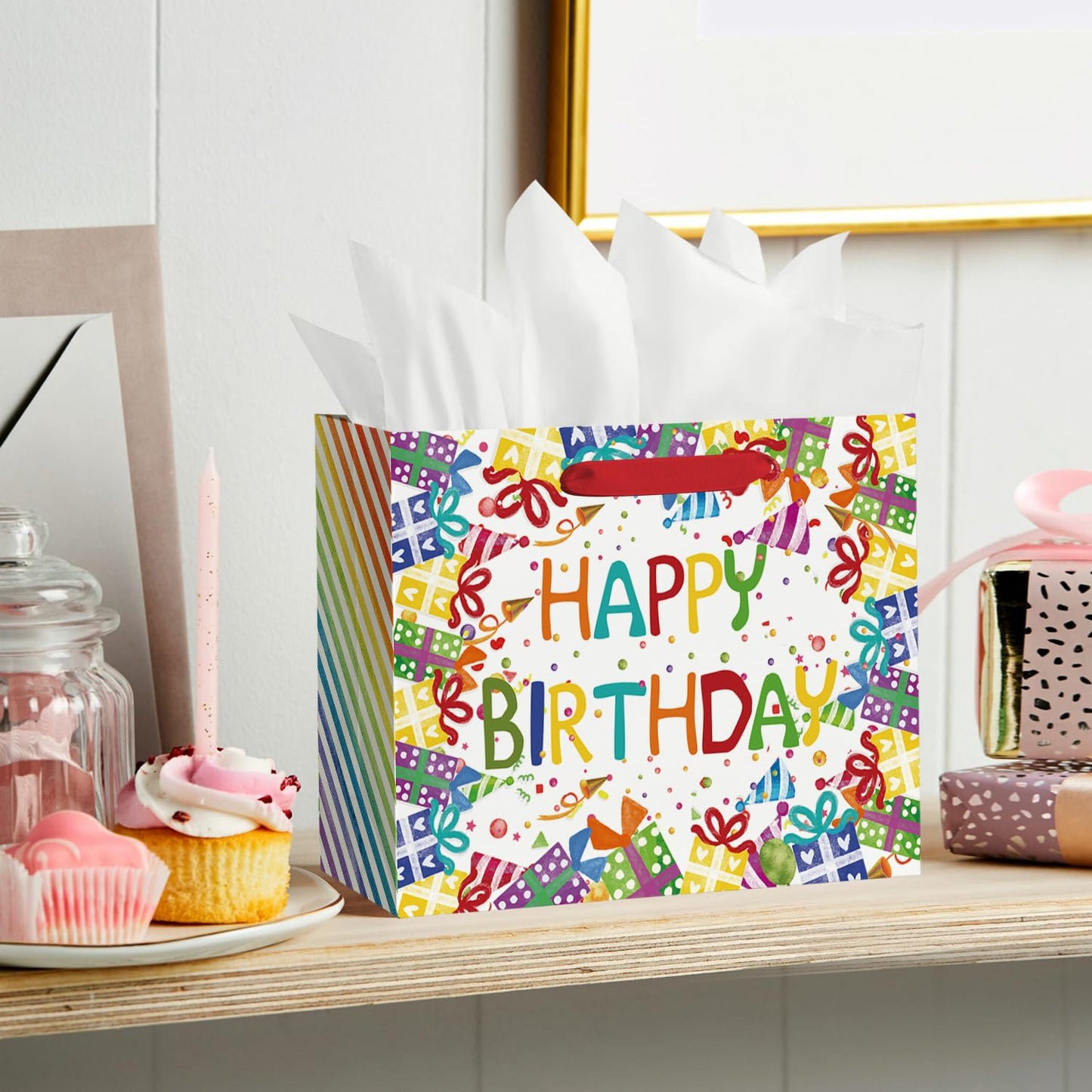 Horaldaily 13" Large Birthday Gift Paper Bags with Tissue Paper and Card, Happy Birthday Ballons Gift Paper Bag for Men Women Kids Birthday,1Pcs