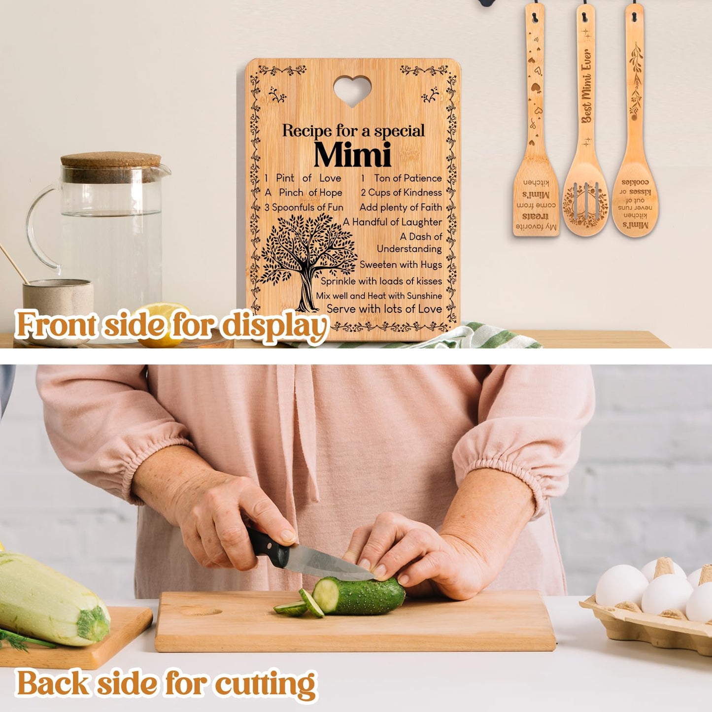 Mimi Gifts - "Recipe for a Special Mimi" Gift for Mimi Cutting Board Set, Bamboo-Made Engraved Utensil Set Best Mimi Ever Presents Cutting Board, Mothers Day Gifts for Mimi.