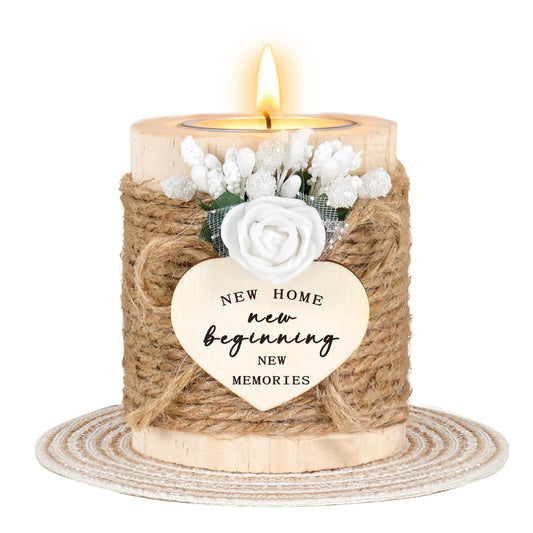 House Warming Gifts - New Home Gifts for New Homeowners, Women, Friends, Family, Wooden Candle Holder Set with 4 Tea Lights & Candle Mats - New Beginning Warming Gift Ideas for Party Decor