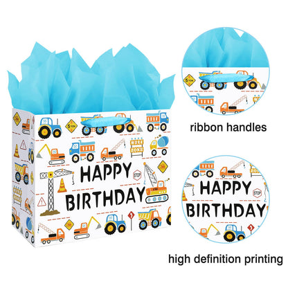 Laidans 13" Large Happy Birthday Gift Bag for Baby Boy Kids with Tissue Paper and Card (Construction Vehicle)