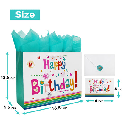 Qirrmiy 16.5” Extra Large Gift Bag Set with Greeting Card and Green Tissue Paper(Cute ‘Happy Birthday’) for Baby,Kids Birthday Party,Men and Women, Newborn,New Moms or Parents, and More
