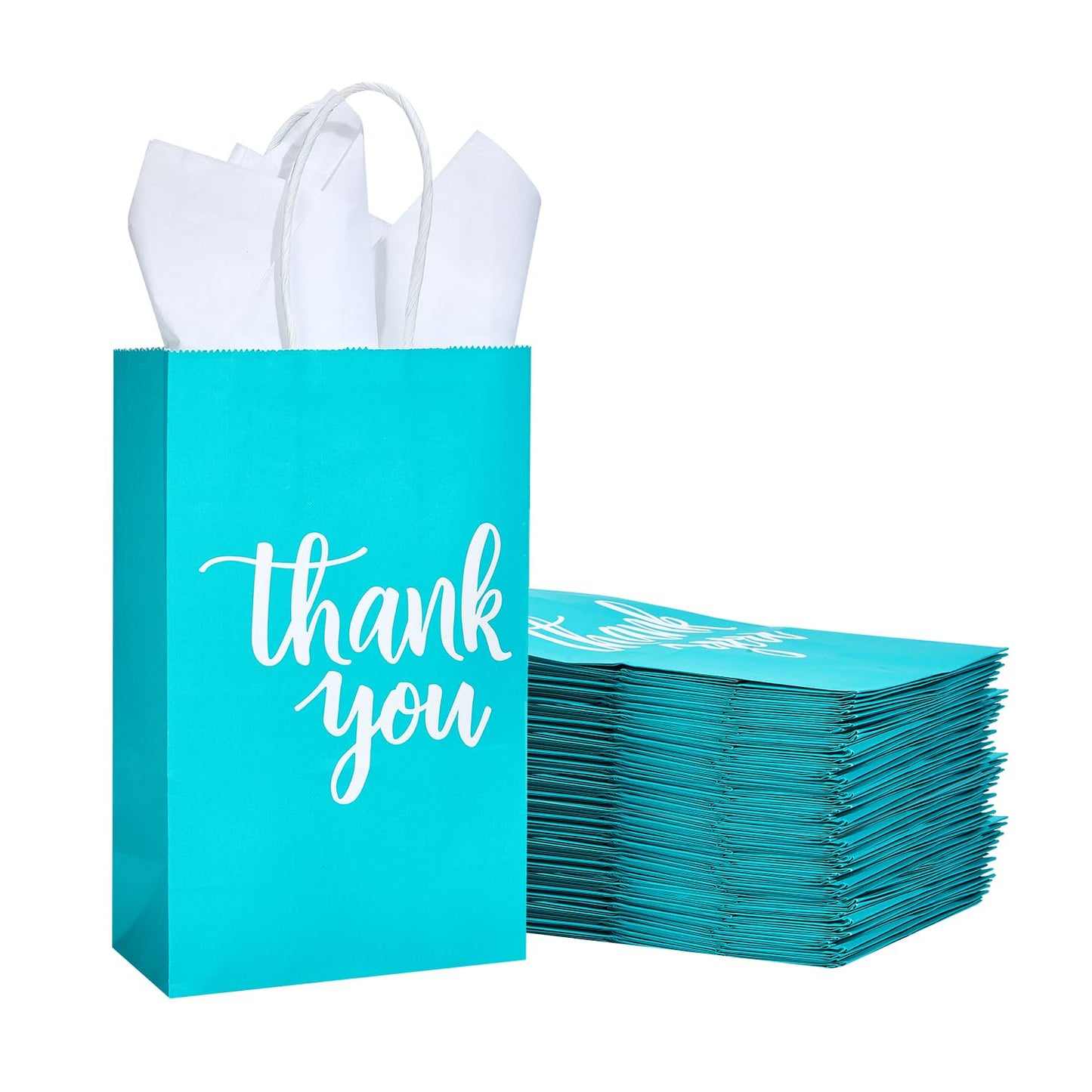 DjinnGlory 50 Pack Small Teal Blue Paper Bags with Handles 9x5.5x3.15 Inch and 50 White Tissue Paper, Thank You Gift Bags for Business Wedding Baby Shower Birthday Party Goodies