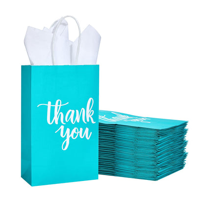DjinnGlory 50 Pack Small Teal Blue Paper Bags with Handles 9x5.5x3.15 Inch and 50 White Tissue Paper, Thank You Gift Bags for Business Wedding Baby Shower Birthday Party Goodies