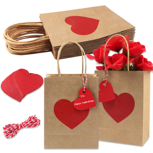 Jangostor 12 Pack Valentines Day Gift Bags with Tags Valentines Kraft Paper Bags Valentines Candy Bags with Handles Heart Love Party Favor Bags for Valentine's Day Wedding Anniversary Birthday Party