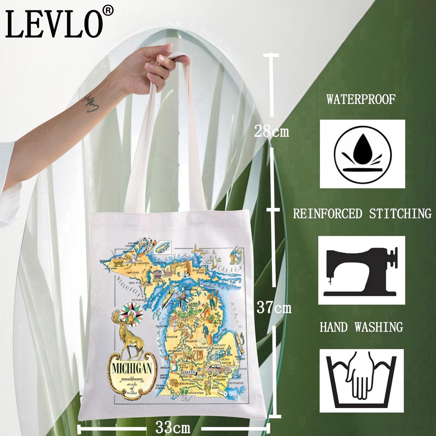 LEVLO Fun State Map Tote Bag - Michigan Travel Souvenir Gift - 1940's Michigan Cartoon Illustration Shoulder Bag