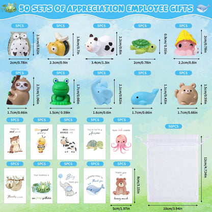 BESARME 50 Set Employee Appreciation Gifts Bulk, Appreciation Gifts for Coworkers Staff Thank You Gift Resin Animal Gift Set with Inspirational Note Cards