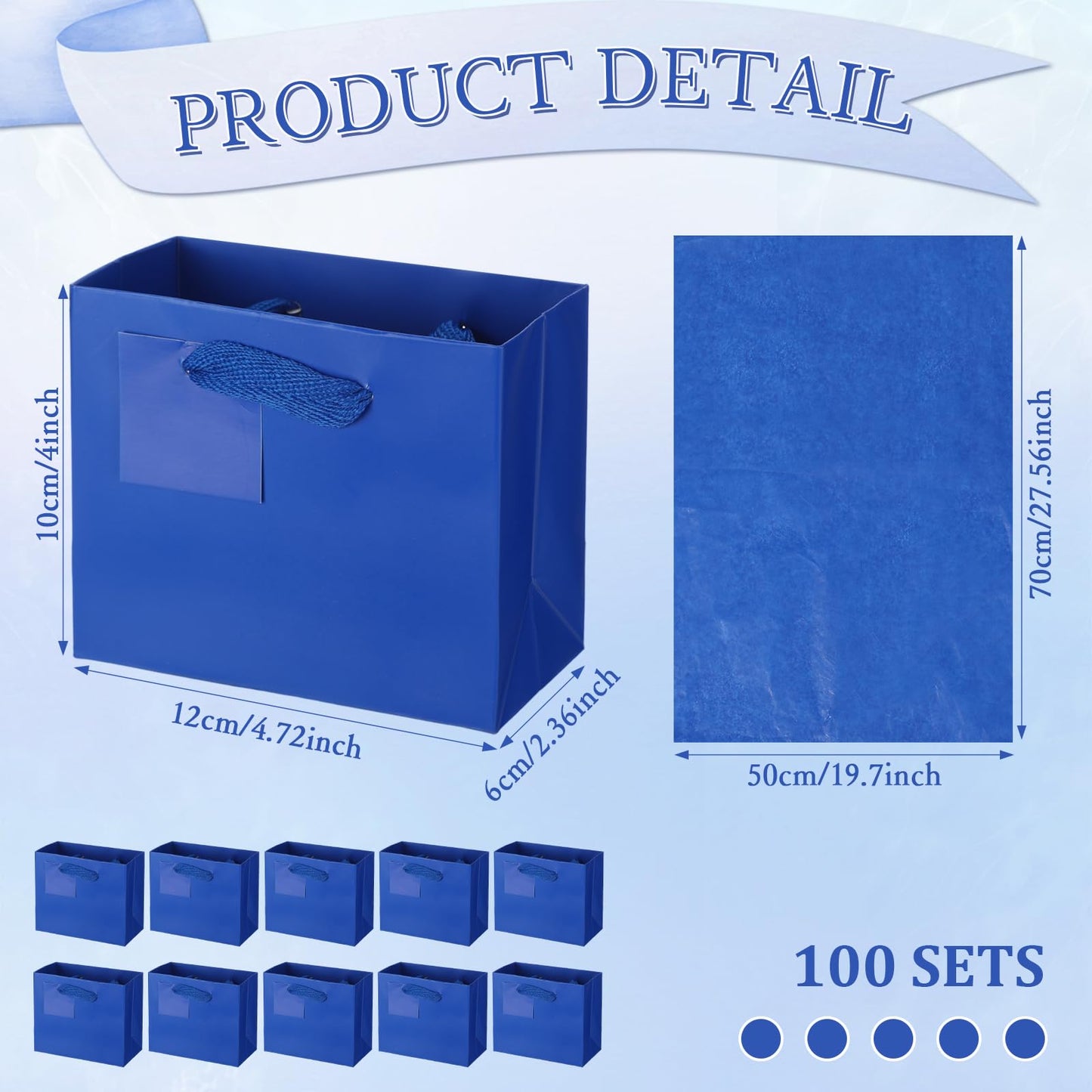 Zhanmai 100 Pcs 4.7 x 2.4 x 3.9 Inch Mini Gift Bags Bulk with Tissue Paper Small Kraft Paper Bag with Handle Gift Tag for Birthday Party, Wedding, Graduation, Mother's Day, Father's Day(Dark Blue)