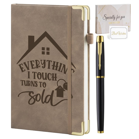 Realtor Gifts Women Men, Everything I Touch Turns to Sold Leather Journal Notebook 200 Pages A5 Lined with Inner Pocket and Pen Closing Gifts Thank You Gift for Real Estate Agent Realtor