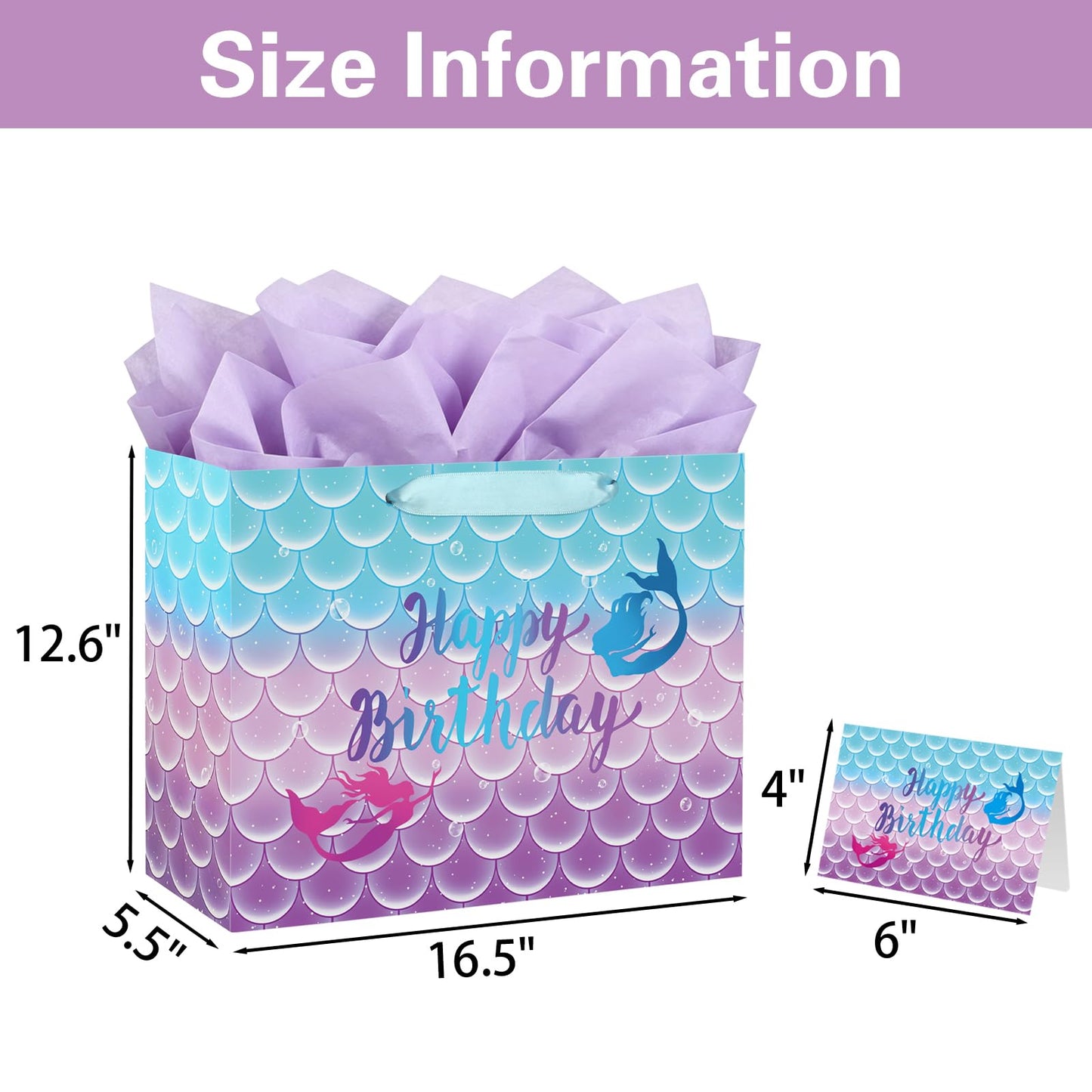 Yusenguan 16.5" Extra Large Mermaid Happy Birthday Gift Bag Set with Tissue Paper, Greeting Card and Handles, Perfect for Kids and Girls’ Birthday Parties