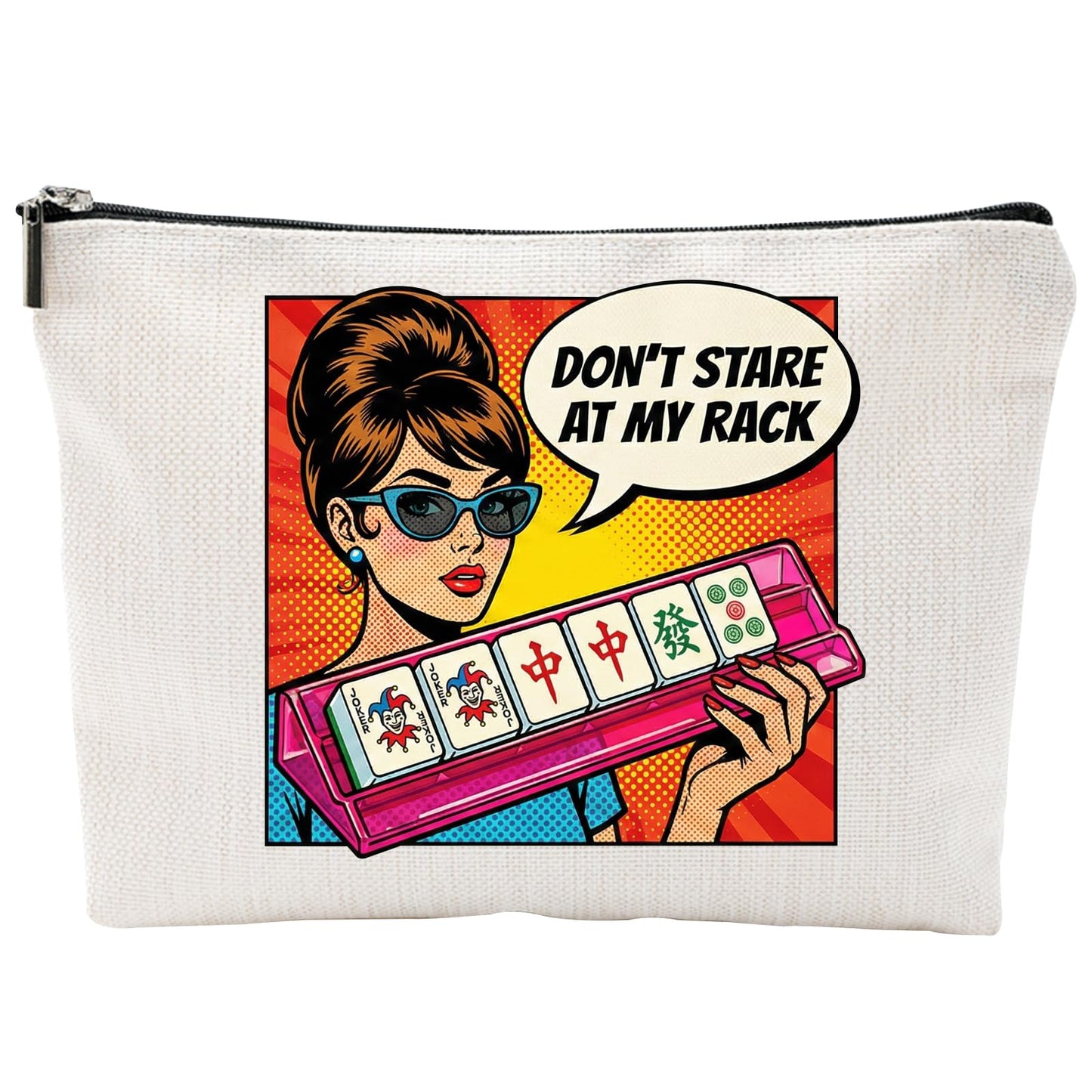 ZUYUROU Funny Mahjong Gifts for Women - Don't Stare At My Rack Makeup Bag - Retro Pop Art American Mahjong Accessories - Zipper Pouch for NMJL Card, Tiles, and Cosmetics - Unique Game Night Prize