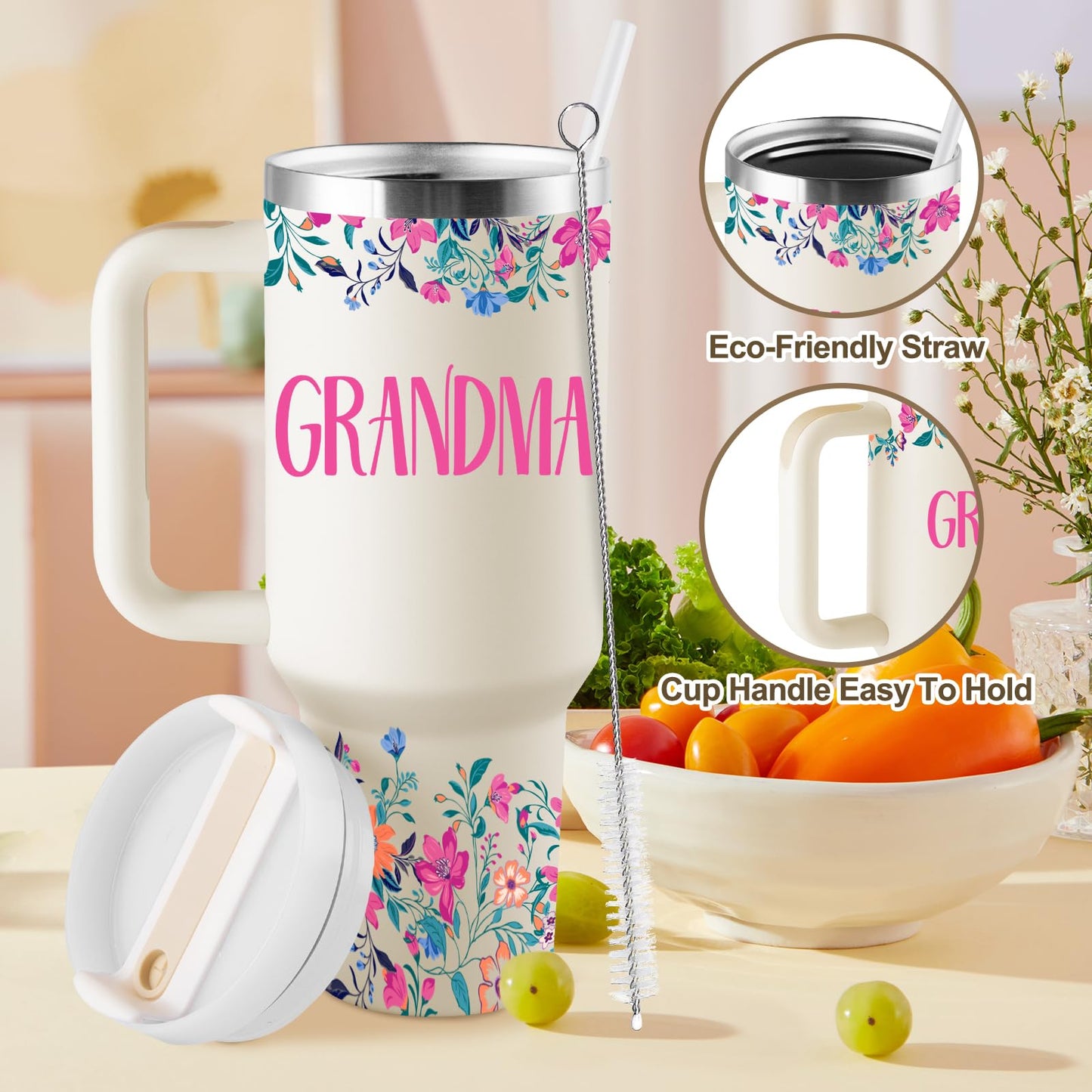 ROSTANTEN Grandma Gifts Birthday Gifts for Grandma Best Grandmother Gift from Granddaughter Grandson Grandkids for Mothers Day Christmas 40oz Travel Cup Insulated Tumbler with Lid & Straw