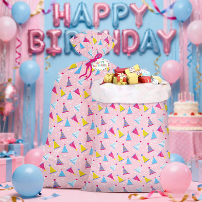 WRAPAHOLIC 56" Extra Large Birthday Plastic Gift Bag - Pink Party Hat Jumbo Bike Bag Gift Wrap for Women Girls Birthday, Baby Shower, Wedding, Bridal Shower - 56" H x 36" W