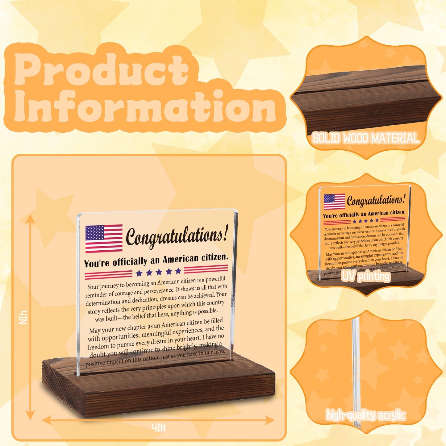 American Citizenship Congratulations Acrylic Plaque, Celebratory Gift for New US Citizens, Meaningful Keepsake for Naturalization, Transparent Acrylic Plaque, WTT65