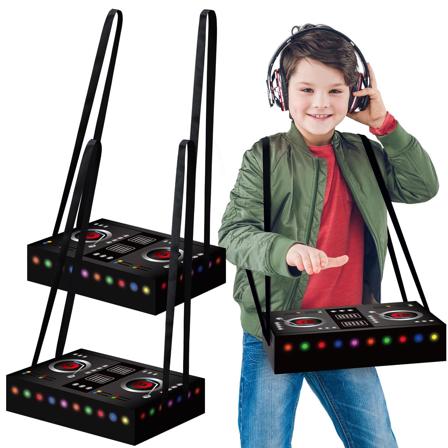 MotiMind 2 Pcs Dj Costume 80s 90s Hip Hop Costume Paper Dj Mixer Boxes with Strap Props Music Rapper Party Decorations Cosplay Party Novelty Retro Theme Music Neon Birthday Gifts
