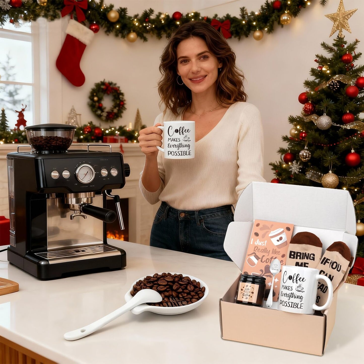 Ithmahco Coffee Lover Gifts for Women Men - Includes Mug Spoon Rest Holder Candle Socks Sticky Notes Set, Coffee Gift Basket for Birthday Mothers Day Galentines Valentines Day Christmas Gift Ideas