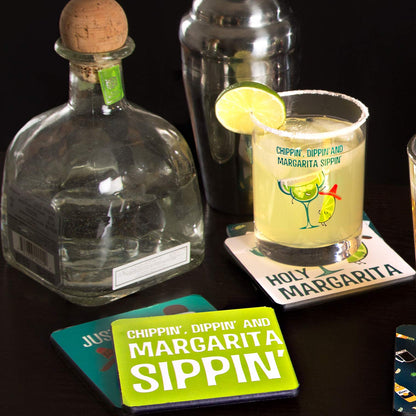 Pavilion - Margarita - 4 Piece Sentiment, Pattern and Character Coaster Set With Box Holder - 4 Inch