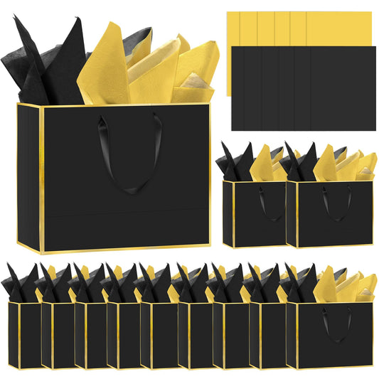 Epoesch 12 Pack Black Gift Bags with Handles – Includes 24 Tissue Paper – 11.8"x10"x4" – Elegant 5 Senses Gift Bags for Wedding, Bridesmaids, Groomsmen, Guests, Easter, Father's Day, Holidays (Black Gold)