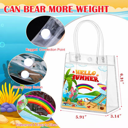 Aliceset 24 Pcs Hello Summer Clear Gift Bags Bulk with Handle, PVC Summer Party Favor Bag Reusable Transparent Goodie Bags for Beach , Pool Parties, Picnics & Outdoor Events, 6.31"x 5.91"x 3.15"
