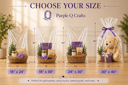 Purple Q Crafts Clear Basket Bags, 20 Pack Large Clear Cellophane Wrap for Baskets & Gifts 24"x30" 1.5 Mil Thick (20)
