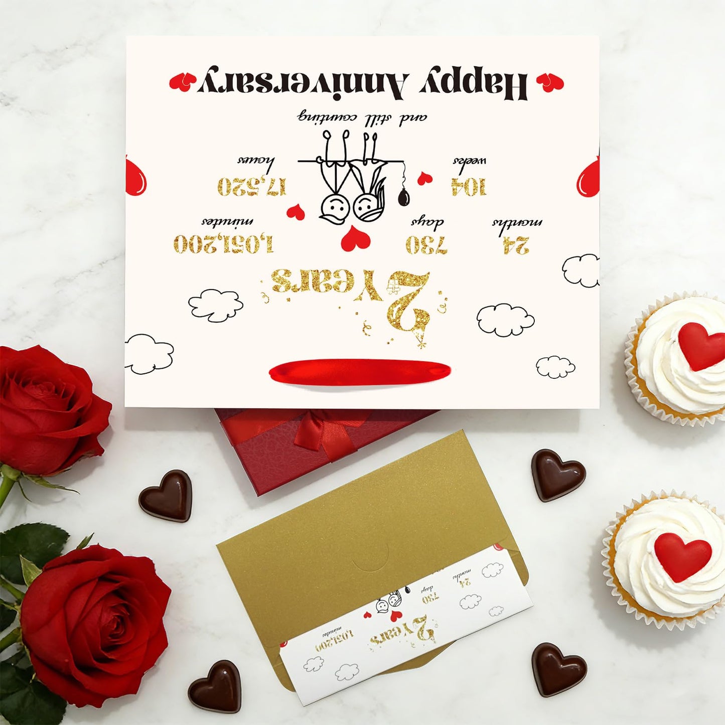 bigniuzi 2nd Anniversary Paper Gift Bag with Tissue Paper and Greeting Card 2 Year Anniversary Paper Gift Bag for Him Her Husband Wife Boyfriend Girlfriend
