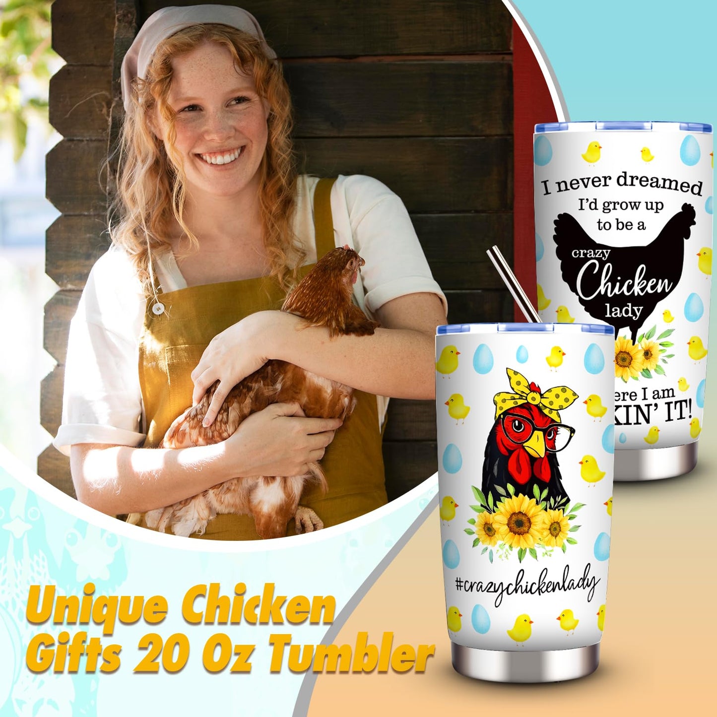 Chicken Gifts, Chicken Lover Gifts for Women, Funny Chicken Stuff with 20 Oz Tumbler Hat Socks Makeup Bag 2 Chicken Kitchen Towel Bracelet Keychain Earrings, Chicken Lady Birthday Chirstmas Gift