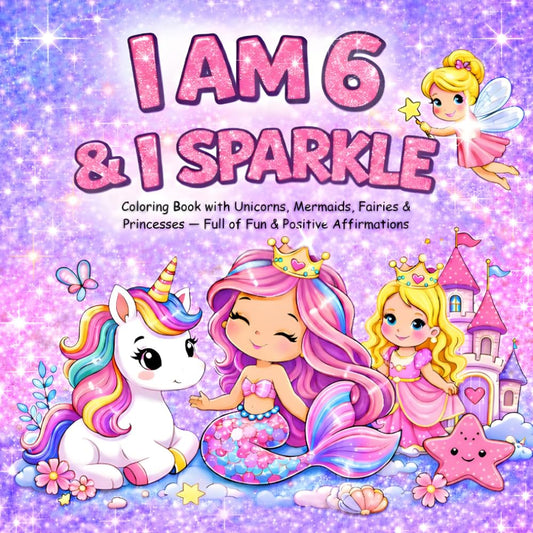 I am 6 and I Sparkle : Coloring Book With Unicorns , Mermaids , Fairies & Princesses Full of Fun & Positive Affirmations: Christmas Valentine Easter Birthday Gifts for Six Year Old Girl