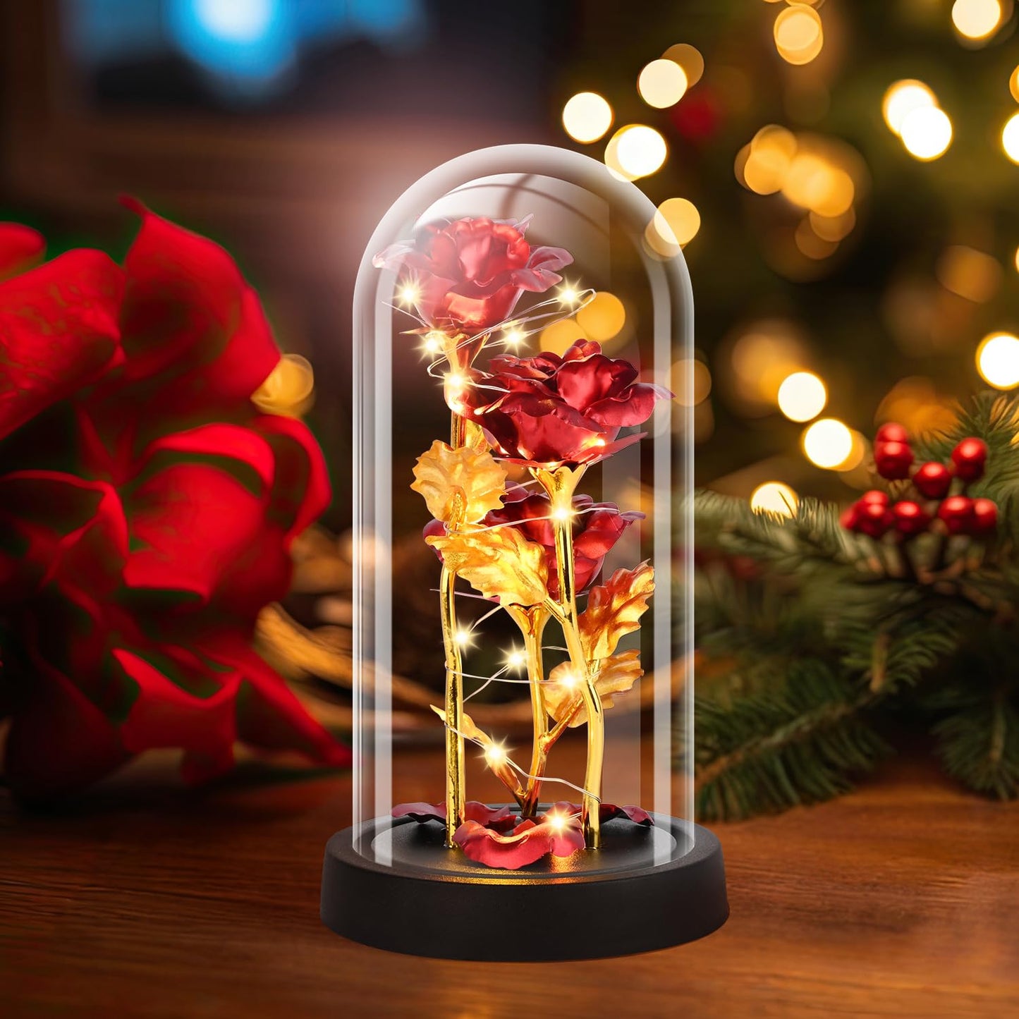 Mothers Day Mom Gifts for Women, Womens Gift for Birthday Gifts for Women Mom Wife Girlfriend, Light Up Rose in A Glass Dome, Rose Gifts for Valentines, Mothers Day, Womens Day (Red)