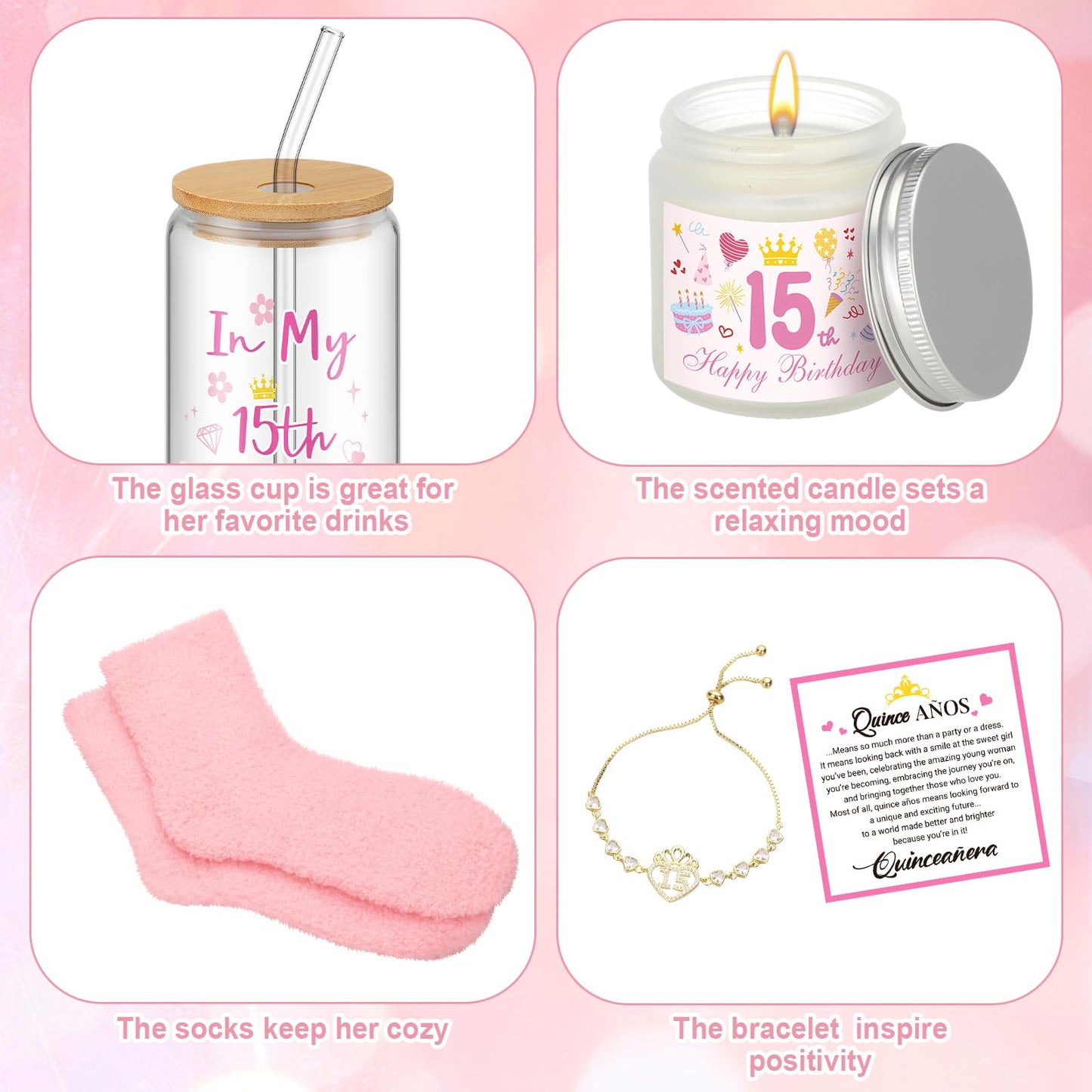 8 Pcs Quinceañera Gifts Set for Girls, 15 Year Old Girl Birthday Decorations 15th Birthday Gifts for Daughter, Granddaughter, Sister, and Niece