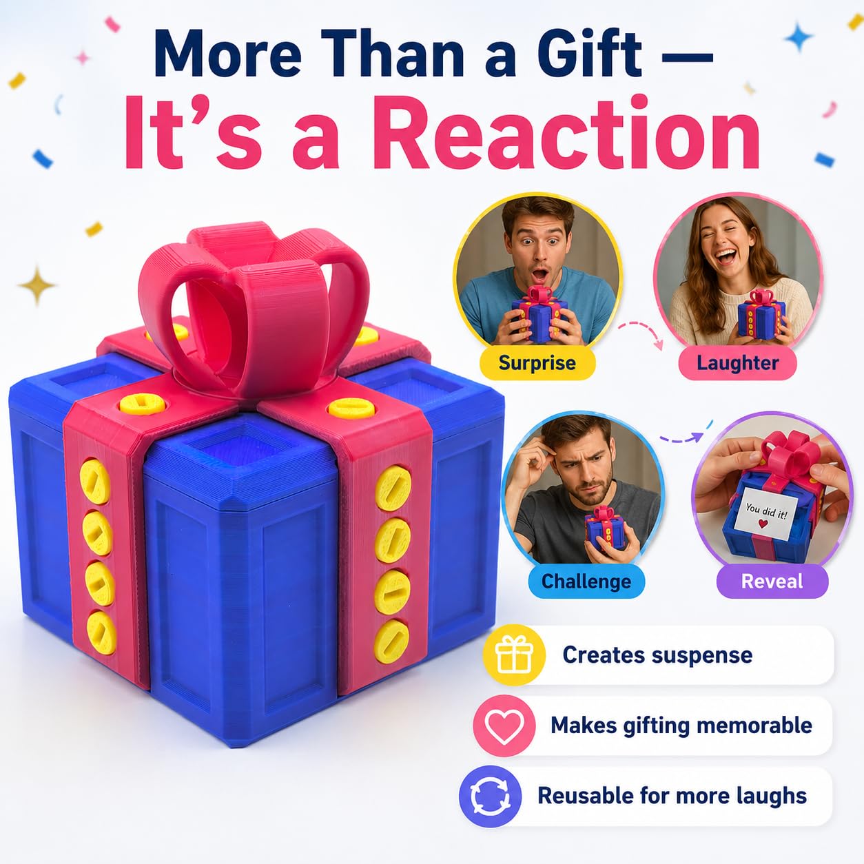 3.14" Annoying Gift Box, The Annoying Present, Prank Box with Screw, 3D Printed Annoying Gift Box, 3D Printed Hilarious Money Card Container (Blue Box with Red)