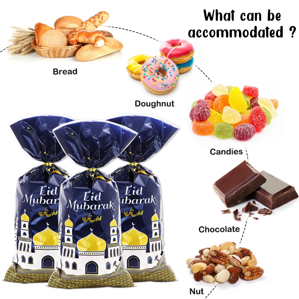 2026 Eid Mubarak Goodie Bags, 100 Pieces Muslim Castle Moon Star Pattern Ramadan Treat Bags Cellophane Bags Goody Favor Bags with Gold Twist Ties for Muslim Islamic Eid Iftar Diwali Party Kids Gifts