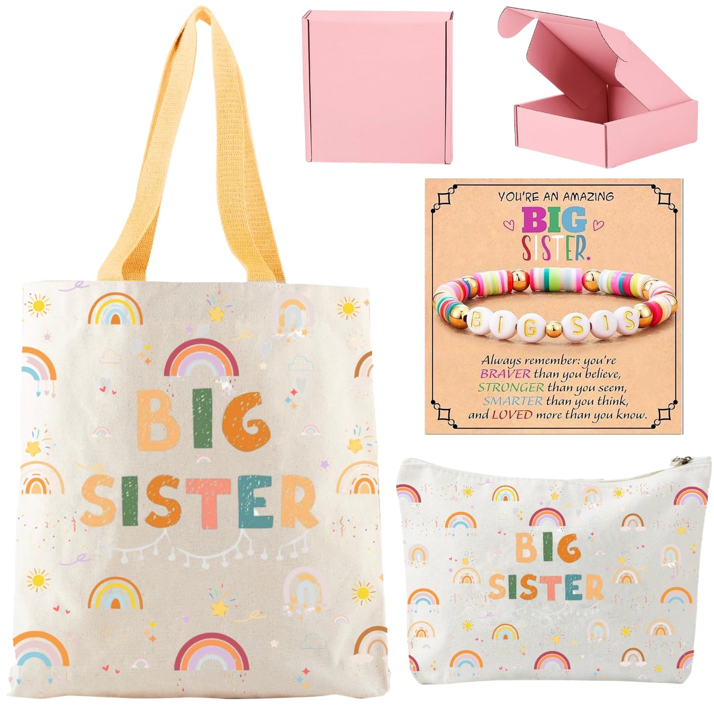 3PCS Big Sister Gifts for Girls, Big Sister Tote Bag, Pen Bag, Bracelet for Announcement Gift Set Sibling Keepsake