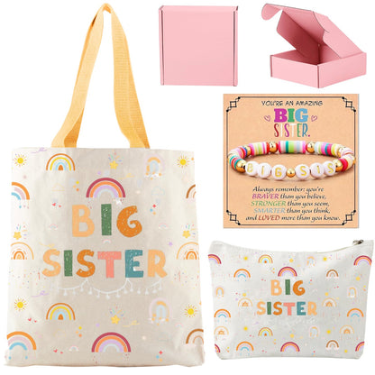3PCS Big Sister Gifts for Girls, Big Sister Tote Bag, Pen Bag, Bracelet for Announcement Gift Set Sibling Keepsake