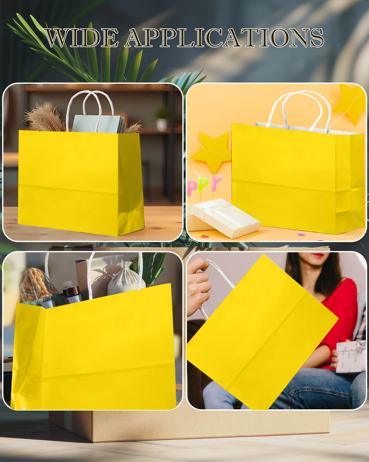 qiqee 24PCS Large Gift Bag with Handles Bulk 13"x4.5"x10" Gift Bags Bright Yellow Bags Multiple Uses (32x11x25cm,Wide Large)